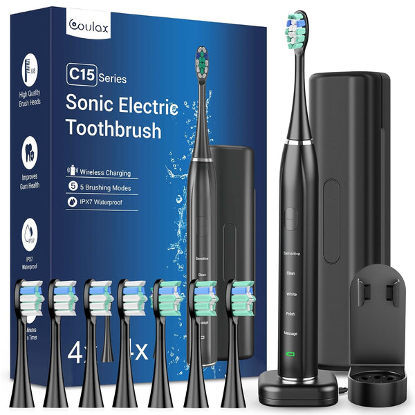 Sonic Electric Toothbrush Sonic Toothbrush - COULAX Travel Toothbrushes Electric Sonic Toothbrush with 8 Heads, 5 Modes, Timer, Gift for Her/Him