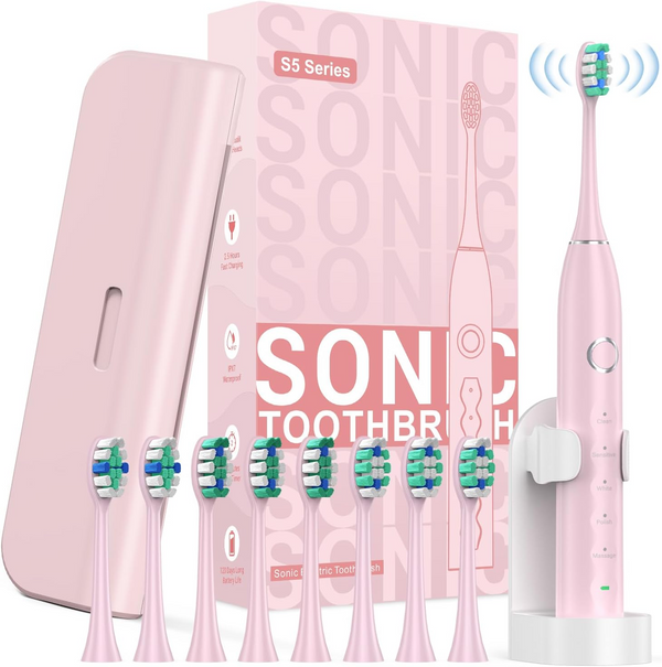 Rtauys S5 Sweeping Electric Toothbrush - Rechargeable Electric Toothbrushes with 8 Heads, Power Electric Toothbrush with Holder, 2.5 Hours Charge for 45 Days Battery Life - Pink