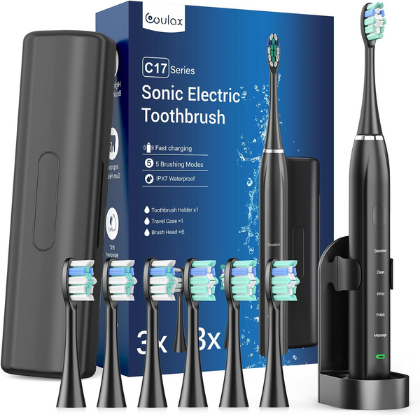 Electric Toothbrush, Sonic Toothbrushes with 6 Brush Heads, Sonic Toothbrushes, Fast Charging, 3 Hours Lasts 60 Days, Rechargeable Electric Toothbrush for Kids