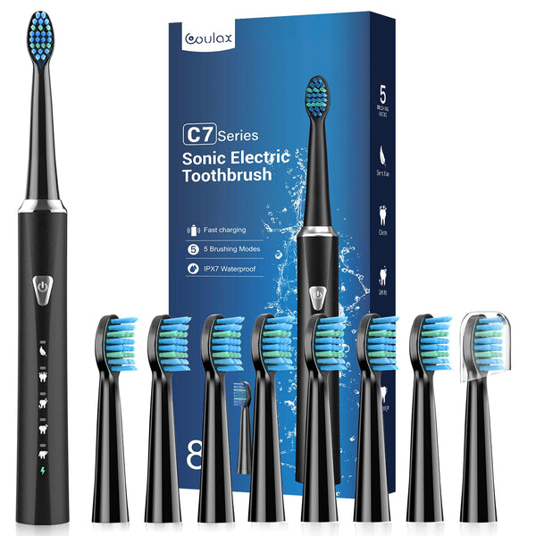 Coulax Electric Toothbrush for Adults and Kids - Coulax Electric Toothbrush, Rechargeable Toothbrush, Electric Toothbrush with 8 Brush Heads, 5 Modes, 2 Minute Timer